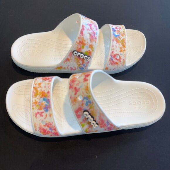 Crocs Unisex Two-strap Slide Sandals, Multi/White, Men 13 - Picture 2 of 4
